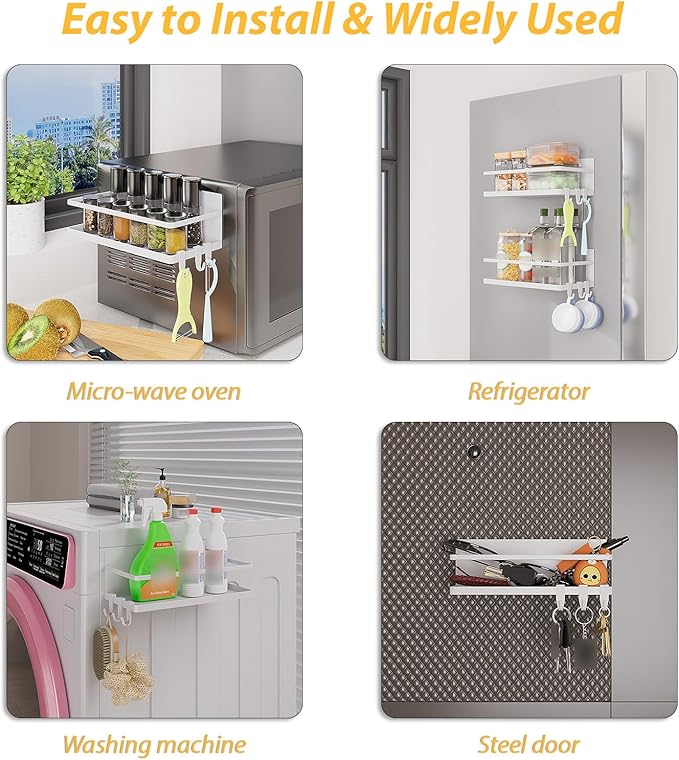 KMUZAWN Magnetic Spice Rack for Refrigerator, 2 Pack Magnetic Shelf, Fridge Magnet Organizer with Moveable 6 Hooks, Magnetic Fridge Shelf for Kitchen Organization and Storage(White, 2 Pack)