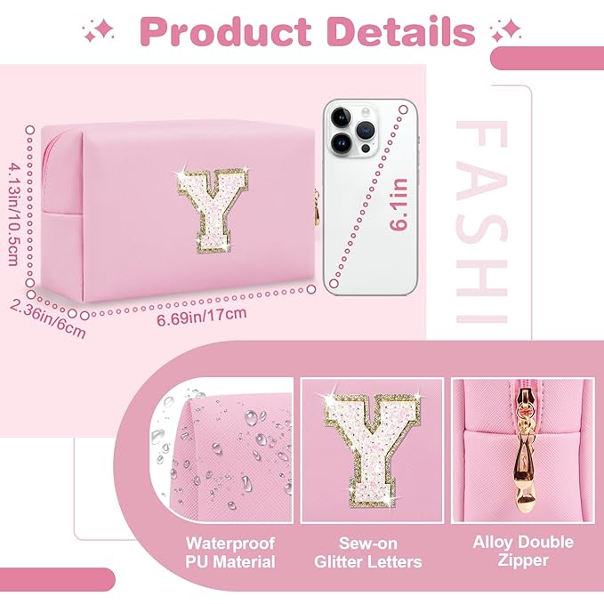 Small Personalized Initial A-Z Patch Makeup Bag,Pink Cute PU Leather Glitter Letter Cosmetic Bag for Teen Girls,Travel Toiletry Bag with Zipper,Preppy Monogrammed Birthday Gift for Daughter Niece Y