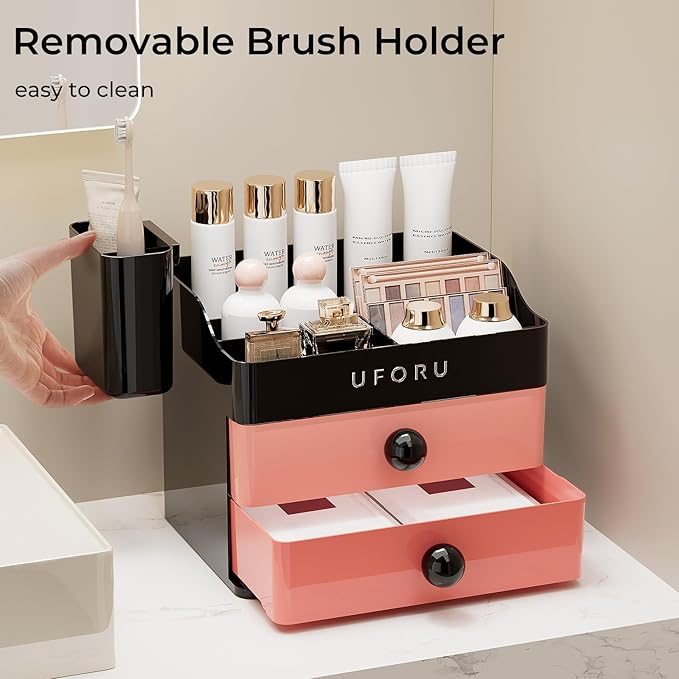 UFORU Makeup Organizer for Vanity with Brush Holder, Countertop Skincare Organizer with 2 Drawers, Spacious Cosmetic Display Case for Perfumes, Eyeshadow Palettes, Nail Polishes