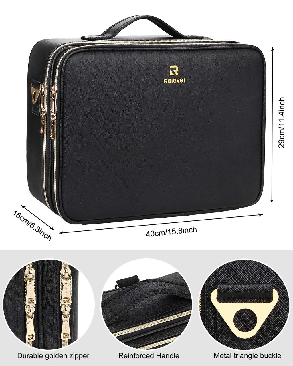 Relavel Makeup Case Large Makeup Bag Professional Train Case 16.5 inches Travel Cosmetic Organizer Brush Holder Waterproof Makeup Artist Storage Box, 3 Layer Large Capacity, with Adjustable Strap