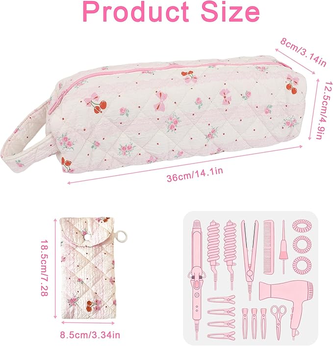 Hair Tool Bag, Quilted Hair Tools Travel Bag, Cute Large Hair Styling Tool Storage Case with Small Pouch, Compatible with Shark Flex Dyson Airwrap Hair Dryer Curling Iron, Cherry