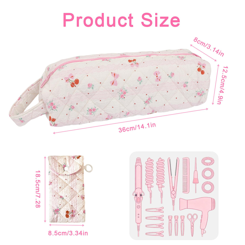 Hair Tool Bag, Quilted Hair Tools Travel Bag, Cute Large Hair Styling Tool Storage Case with Small Pouch, Compatible with Shark Flex Dyson Airwrap Hair Dryer Curling Iron, Cherry