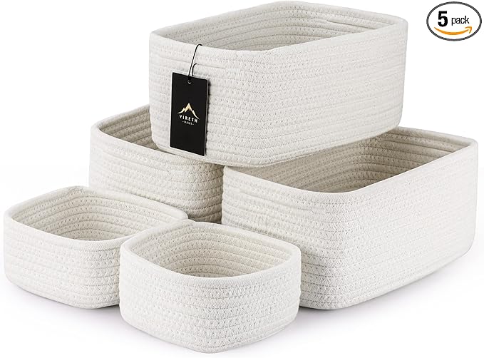 VIRETH HAUS 5-Pack Small Woven Rope Storage Baskets – 2 Sizes Organizer Bins for Closet, Shelf, Bookshelf, Nursery, Changing Table, Fabric Cube Boxes, Rectangular Shallow Bins for Bathroom, Toy & Home