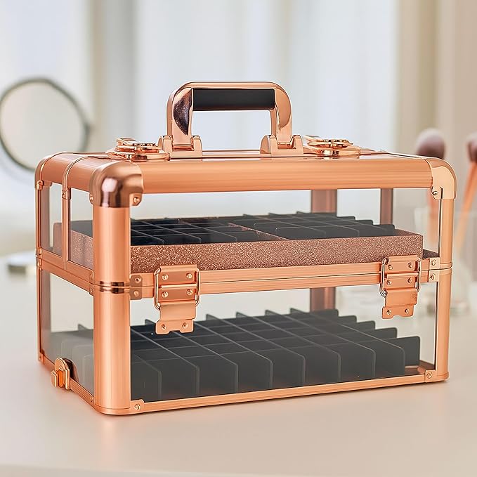 Professional Makeup & Nail Tech Organizer – Clear Acrylic Case, Holds 94 Bottles, Slide-Out Trays, Lockable Latches – Portable Storage for Brushes, Polish, Tools & Cosmetics – Compact & Travel-Ready