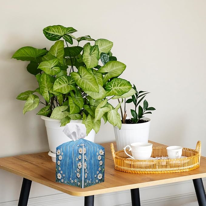 White Flowers Daisy Tissue Box Cover Rustic Floral Wooden Square PU Leather Waterproof Tissue Box Holder for Bathroom Kitchen Bedroom Vanity Countertop Night Stands