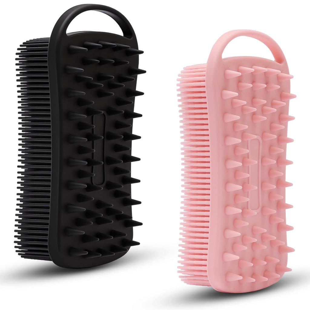 MtBoi 2 PC Silicone Body Scrubber, 2 in 1 Exfoliating Shower Bath Scrubber, Soft Silicone Loofah for Sensitive Skin, Shower Hair Scalp Massager, Easy to Clean, Lather Well (Black&Pink)