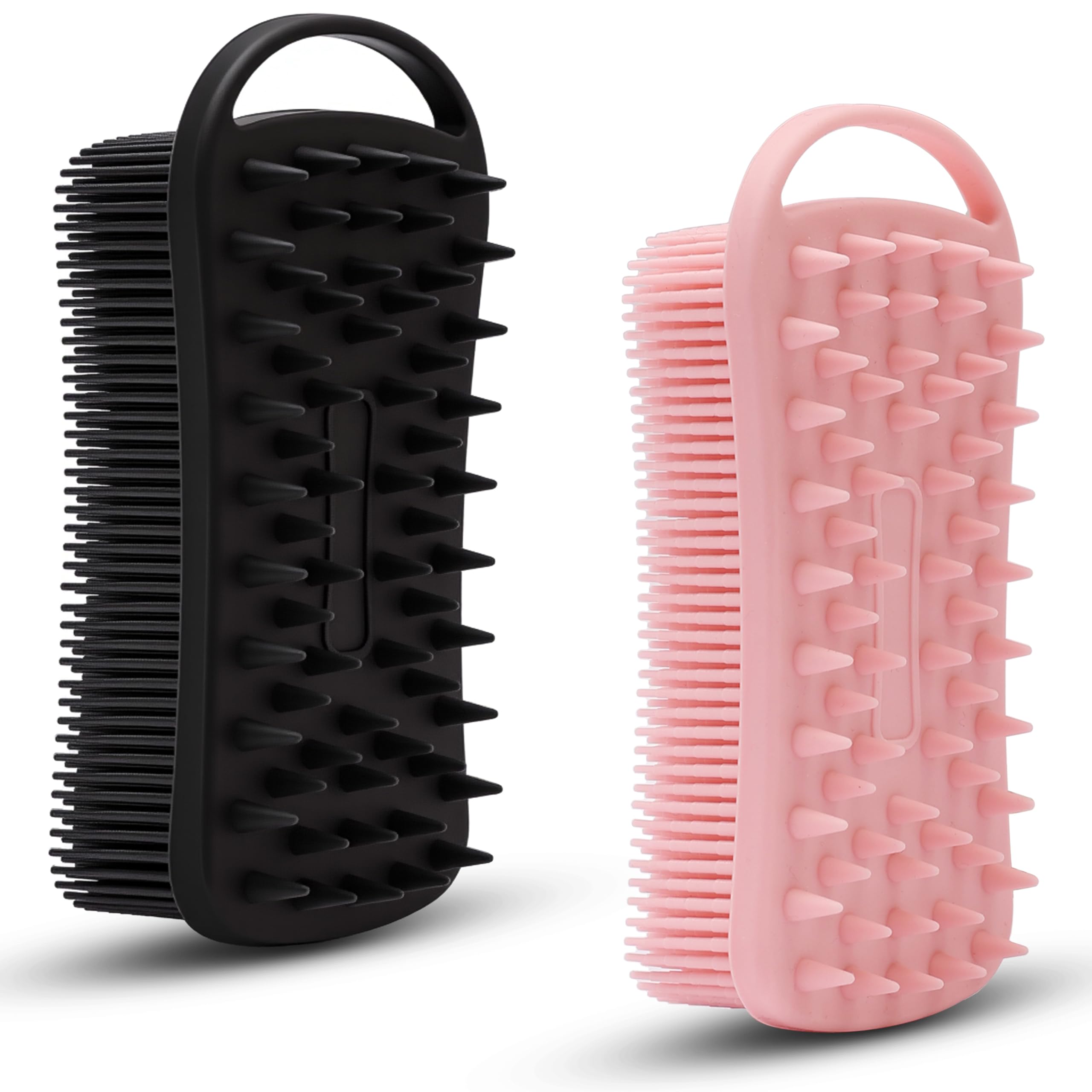 MtBoi 2 PC Silicone Body Scrubber, 2 in 1 Exfoliating Shower Bath Scrubber, Soft Silicone Loofah for Sensitive Skin, Shower Hair Scalp Massager, Easy to Clean, Lather Well (Black&Pink)
