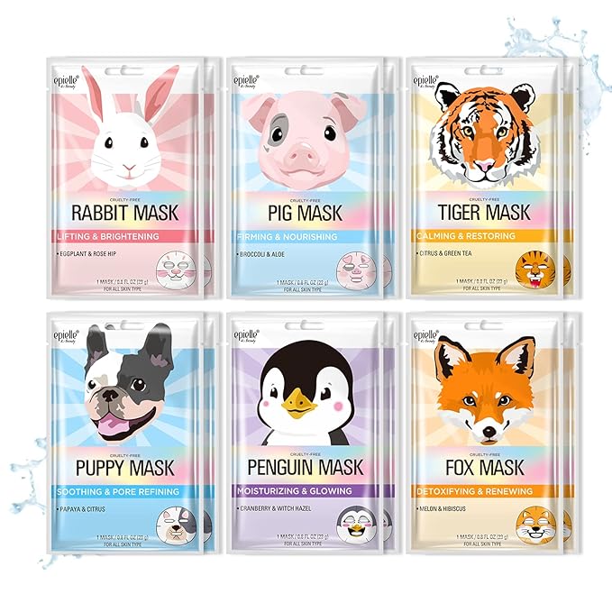 Epielle Character Face Mask Fuzzy Friends 12 Pack, Fun & Effective Korean Skin Care, Spa Party Favors, Birthday Gifts for Women, Self Care Gifts