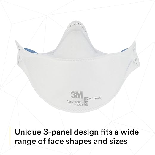 3M Aura Particulate Respirator 9205+, N95, Pack of 20 Disposable Respirators, Individually Wrapped, 3 Panel Flat Fold Design Allows for Facial Movements, Comfortable, NIOSH Approved, Smoke