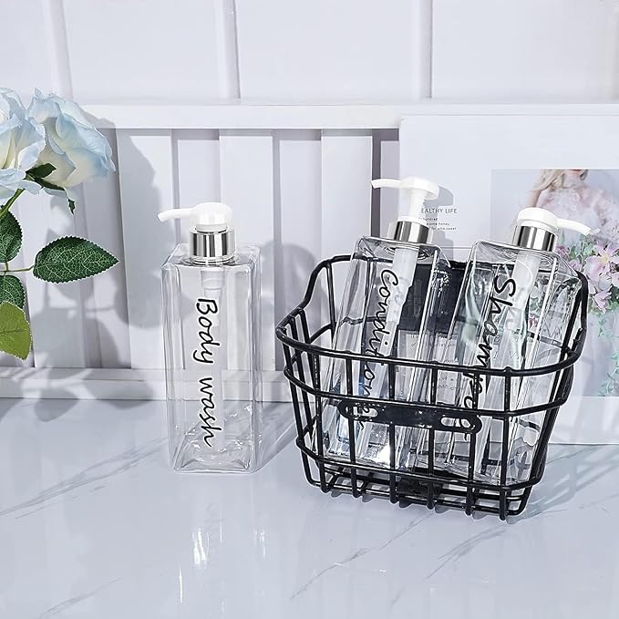 21oz Shampoo Dispenser - Refillable Shampoo and Conditioner Bottles (Clear, Set of 3) - Modern Shampoo Bottles for Shower Soap - Empty Shampoo Conditioner Body Wash Dispenser Set - for Hotel Bathroom