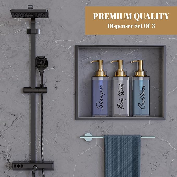 Akalin Shiny Shampoo and Conditioner Dispenser 16oz, Set of 3 Refillable Shampoo and Conditioner Shiny Bottles with Pump, 3 Clear Body Wash Dispenser for Shower, Gold Soap Dispenser Bathroom (Clear)