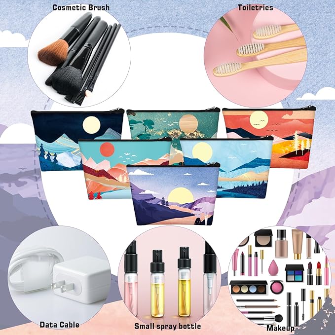 Sweetude 12 Pcs Mountain Makeup Bags Bulk Colorado Gifts Portable Mountain Travel Cosmetic Bags with Zipper Waterproof Portable Roomy Travel Toiletry Organizer Storage Beauty Pouch for Women Gifts