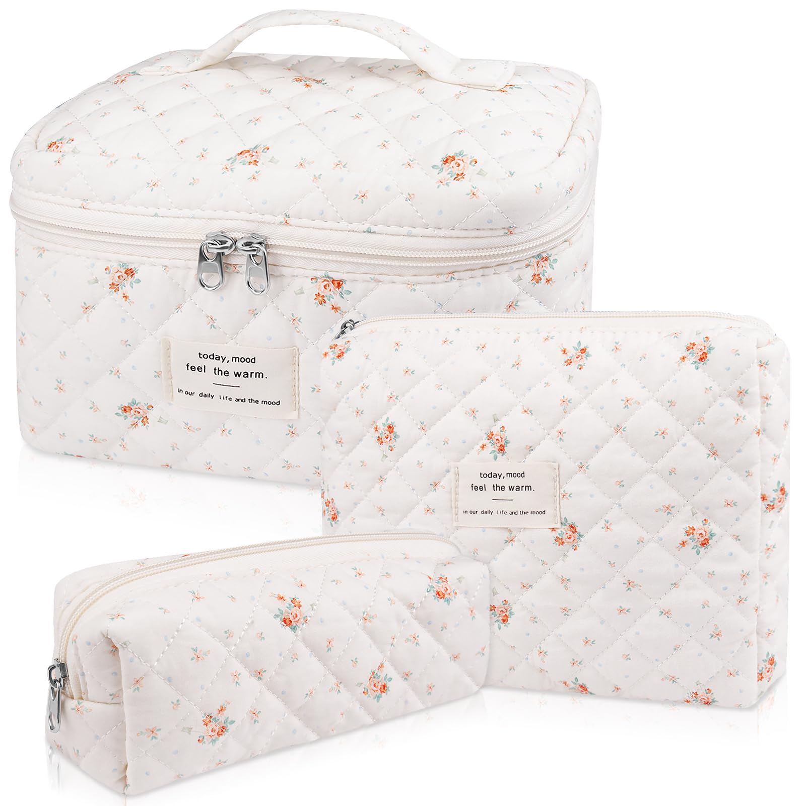 Gosect Makeup Bag Set, Quilted Makeup Bag, Large Floral Cosmetic Bag for Women, Cute Cotton Makeup Bags, Flower Travel Toiletry Organizer Bag (Rose Plaid Pattern)