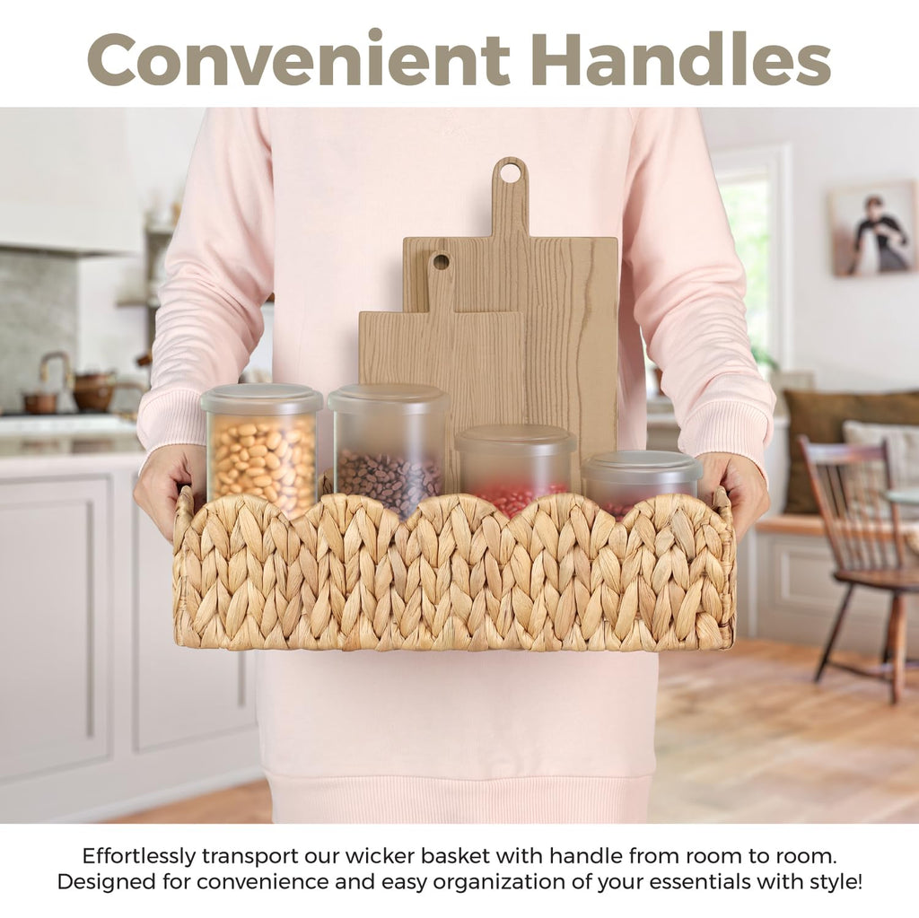 2 Pcs Handwoven Water Hyacinth Scalloped Countertop Storage Basket, Toilet Tank Basket for Bathroom, Scalloped Edge Wicker Rectangle Basket for Toilet Paper Baskets (2, Natural)