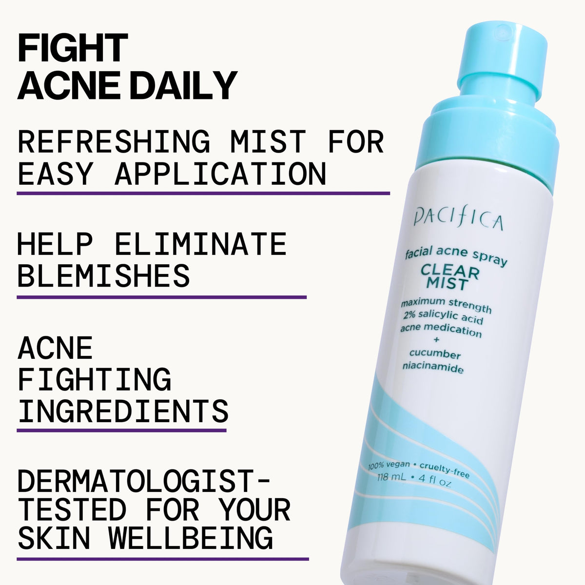 Pacifica Facial Spray for Acne Treatment - Clear Face Mist Acne Spray w/ 2% Salicylic Acid Niacinamide & Aloe - Acne Cleanser - Targets Bacteria for Teens & Adults Vegan Clean Dermatologist Tested