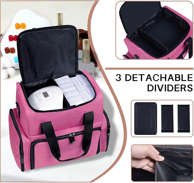 Nail Polish Organizer Case Holds 80 Bottles (15ml - 0.5 fl.oz) and a Nail Lamp,Nail Polish Case with 2 Removable Bags and Tools Storage Sections Rose Red