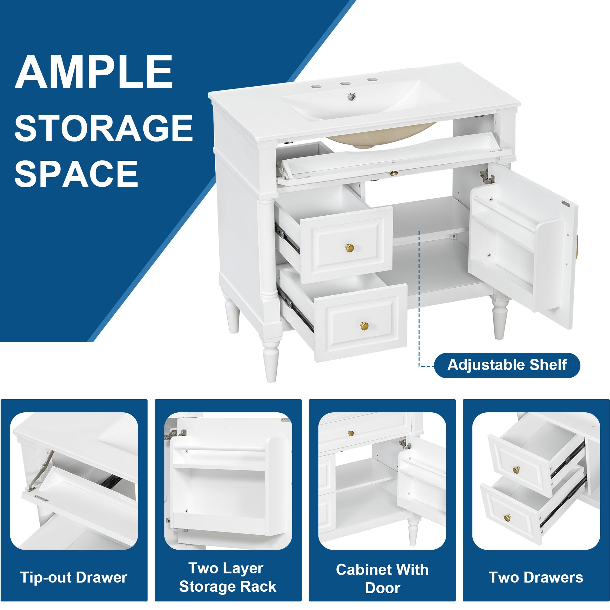 Harper & Bright Designs 36" Bathroom Vanity with Sink, Free Standing Bathroom Vanity Set with Flip Drawer, 2 Drawers, and Adjustable Shelf, Wood Storage Cabinet with Ceramic Basin for Bathroom, White