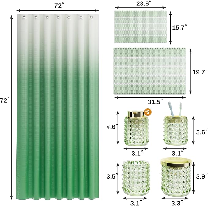 XLHOMO Bathroom Sets with Shower Curtain and Rugs and Accessories, Glass Bathroom Accessories Set Green Bathroom Set Bathroom Sets, Green Bath Mat and Diamond Soap Dispenser for Bathroom Decor
