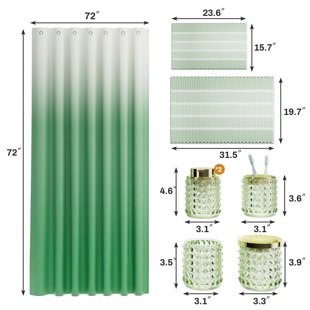 XLHOMO Bathroom Sets with Shower Curtain and Rugs and Accessories, Glass Bathroom Accessories Set Green Bathroom Set Bathroom Sets, Green Bath Mat and Diamond Soap Dispenser for Bathroom Decor