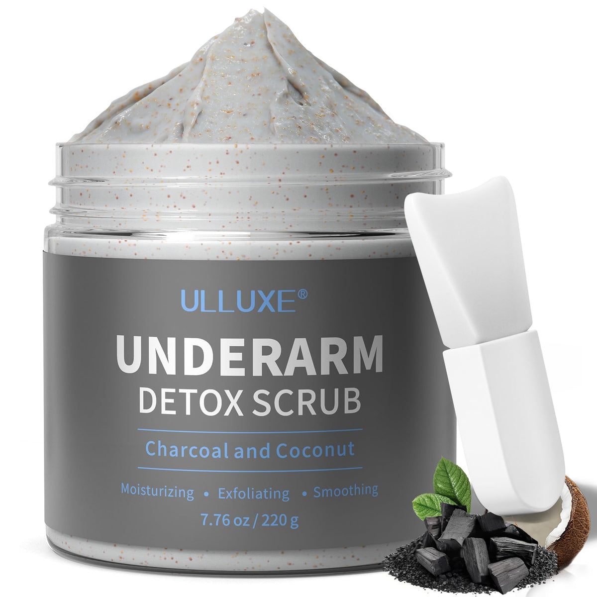 Underarm Detox Scrub for Odor Control, Charcoal Armpit Detoxifying Body Scrub, Deodorizing Exfoliating Scrub for Women & Men Brightens Dark Underarms, Inner Thighs & Bikini Area Exfoliator, 7.7 oz