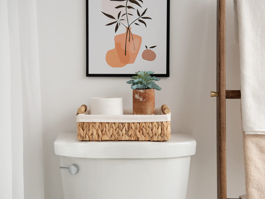 StorageWorks Small Baskets for Organizing, Wicker Bathroom Basket for Toilet Tank Top with Liner, Natural Water Hyacinth, Set of 2