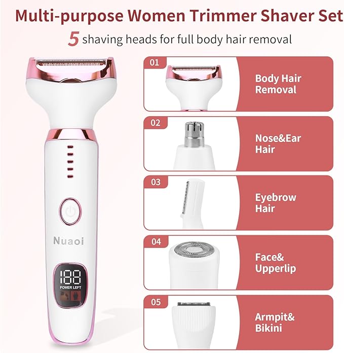 Electric Razors Shaver for Women - 5 in 1 Womens Electric Razor Bikini Trimmer for Women and Wet/Dry and Rechargeable Lady Shaver Razors for Nose Hair Face Eyebrow Arms Legs Armpit Pubic Area