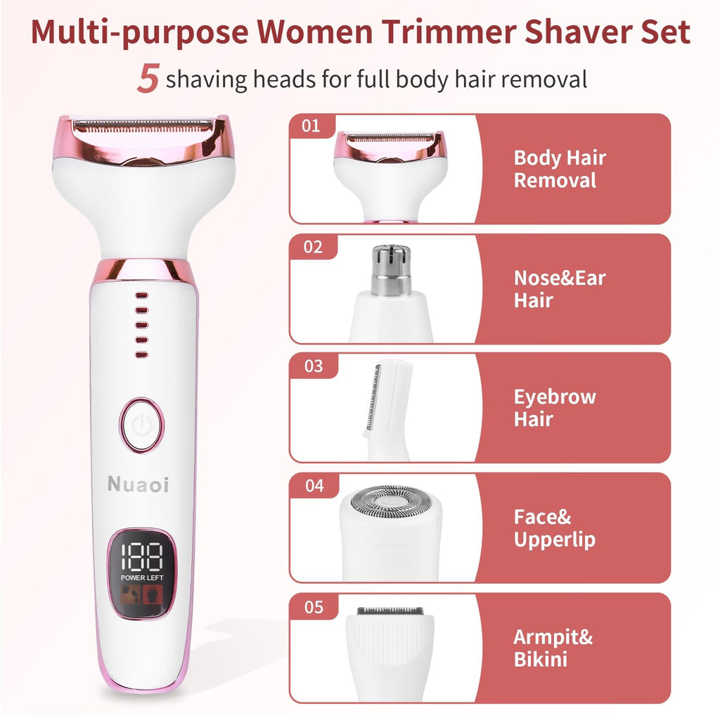 Electric Razors Shaver for Women - 5 in 1 Womens Electric Razor Bikini Trimmer for Women and Wet/Dry and Rechargeable Lady Shaver Razors for Nose Hair Face Eyebrow Arms Legs Armpit Pubic Area