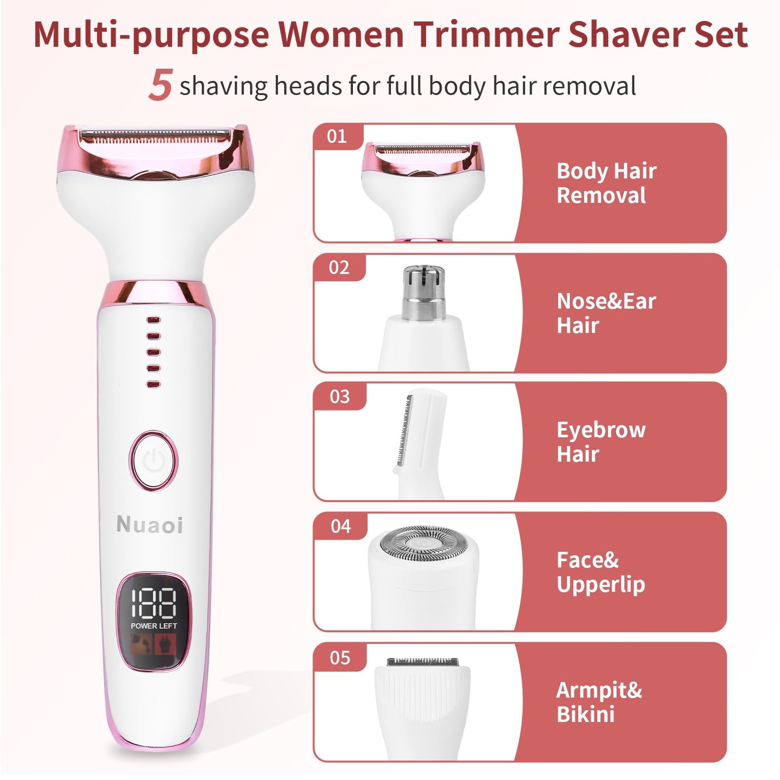 Electric Razors Shaver for Women - 5 in 1 Womens Electric Razor Bikini Trimmer for Women and Wet/Dry and Rechargeable Lady Shaver Razors for Nose Hair Face Eyebrow Arms Legs Armpit Pubic Area