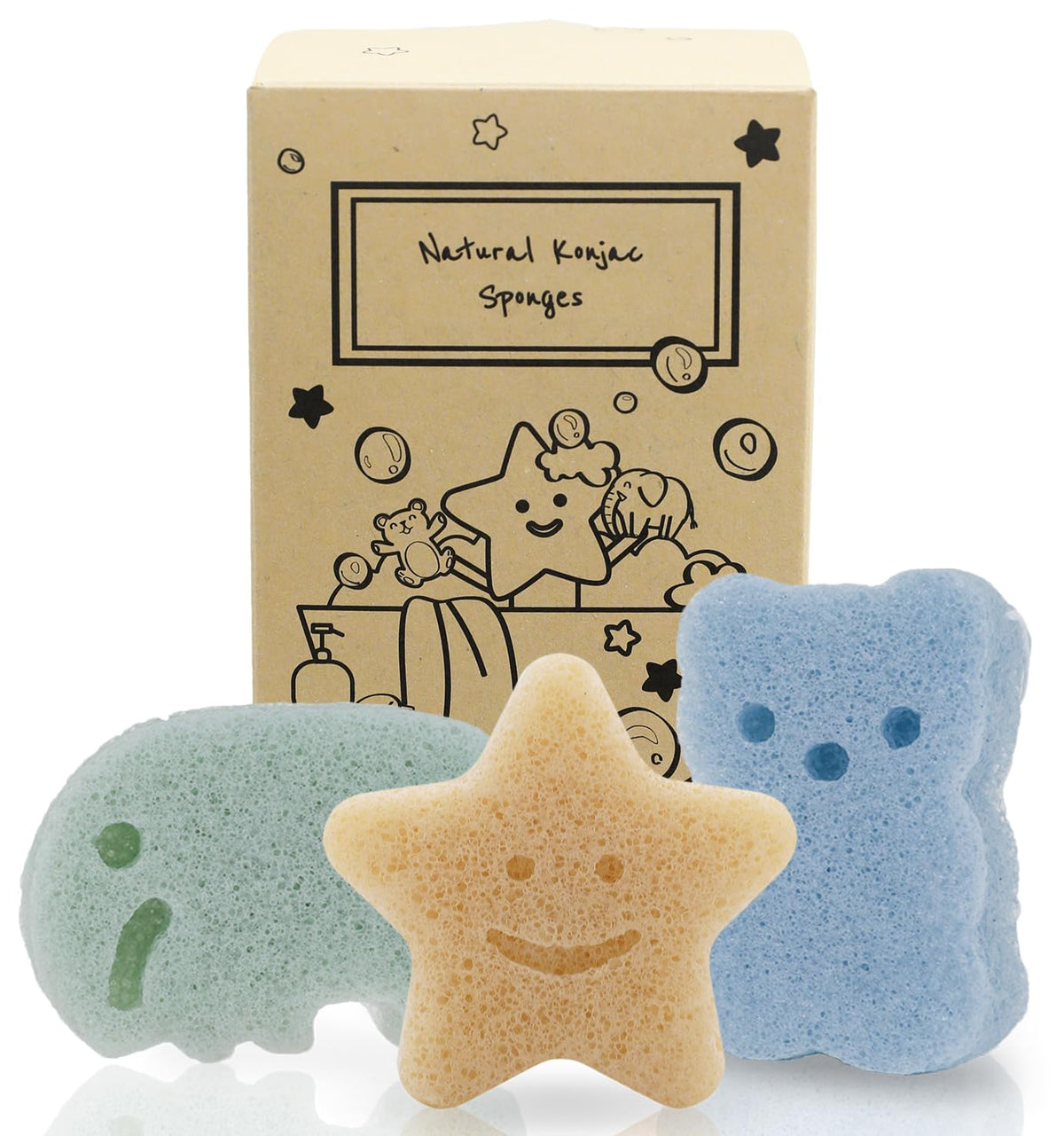 myHomeBody Konjac Sponge, Bath loofah, 3pc, Rabbit, Frog, Bear face