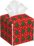 Christmas Tree and Snowflakes Tissue Box Cover Square,Red Green Christmas Pine Tree Tissue Box Holder Waterproof Leather Facial Paper Organizer Dispenser for Bathroom Home Car Nightstand Vanity Desk
