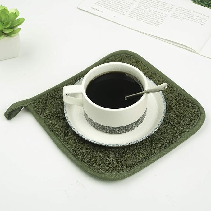 Lifaith Pot Holders for Kitchen, 100% Cotton Terry Pot Holder Set of 5, Heat Resistant Hot Pads for Cooking, Baking, Hot Dishes and Countertop Protection, Olive Green