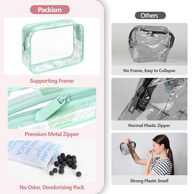 PACKISM TSA Approved Toiletry Bag - Mint Green Tropical Leaf Print 3 Pack Medium, Quart Size Clear Toiletry Bag, Suitable for Gifts Perfect for Travel Essentials, Thick No Smell