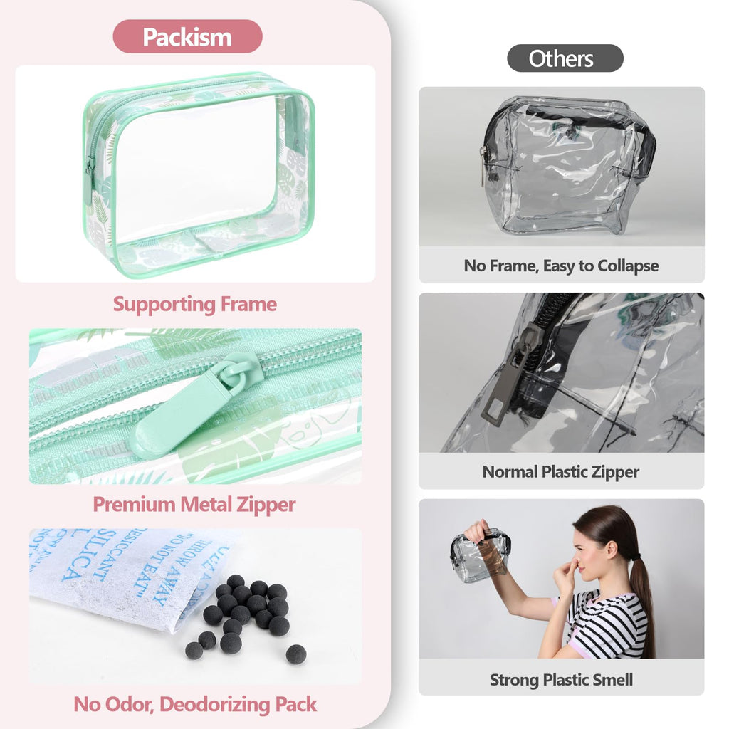 PACKISM TSA Approved Toiletry Bag - Mint Green Tropical Leaf Print 3 Pack Medium, Quart Size Clear Toiletry Bag, Suitable for Gifts Perfect for Travel Essentials, Thick No Smell