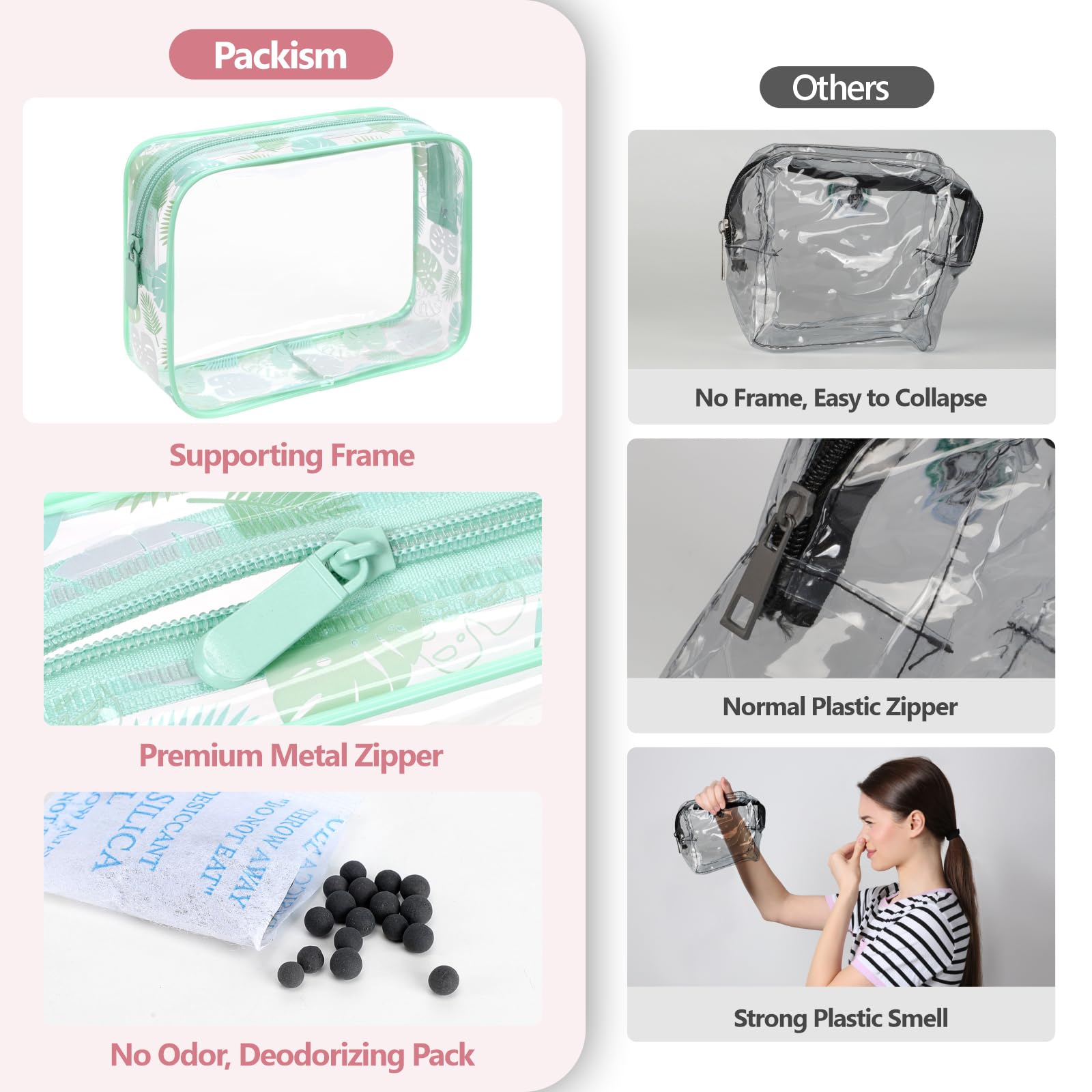 PACKISM TSA Approved Toiletry Bag - Mint Green Tropical Leaf Print 3 Pack Medium, Quart Size Clear Toiletry Bag, Suitable for Gifts Perfect for Travel Essentials, Thick No Smell