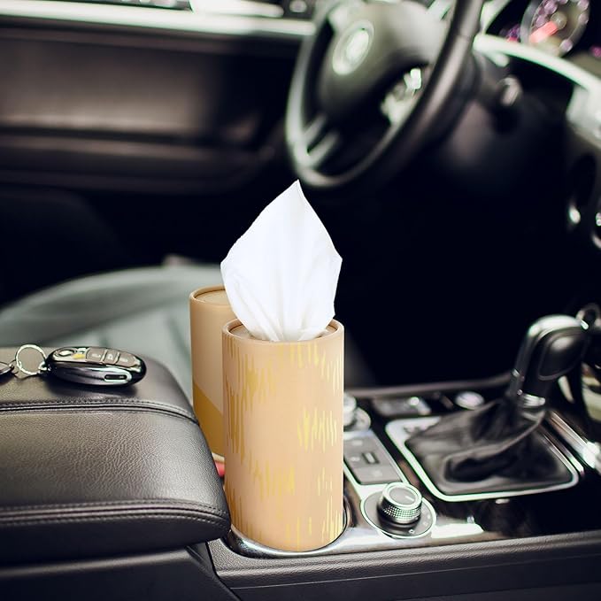 Fourluoo 12 Pack Car Tissue Cylinder Holder Bulk with 3 Ply Facial Tissues, Round Napkin Holders for Car Cup Holder Cylinder Travel Paper Tubes Bulk Round Napkin Boxes Packs(Modern Gold Line)