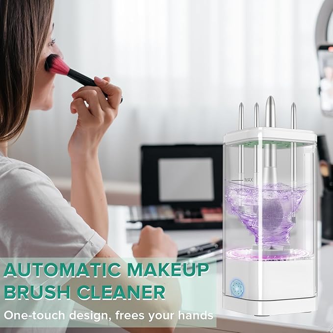 Electric Makeup Brush Cleaner Machine, Multi-Functional Cosmetic Brush Cleaner with Dryer Holder, Portable Automatic Makeup Brush Cleaning Tool USD Charging