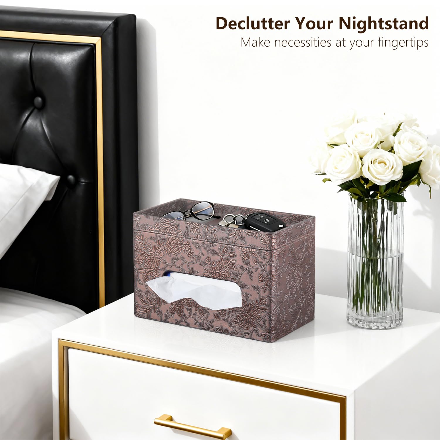 Fanousy Large Tissue Box Cover Rectangle with Tray on Top, PU Leather Facial Tissue Holder with Storage, Fits 230-Count Family Size Kleenex, Modern Nightstand Organizer for Bathroom Office Home Decor