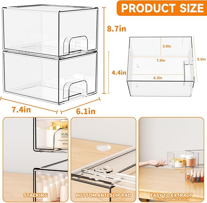 Yieach 2 Pack Clear Stackable Storage Drawers,4.4'' Tall Acrylic Drawer Containers for Organizing,Bathroom Organizers and Storage Bin Box,Plastic Makeup,Medicine Organizer Bins for Cabinet,Undersink