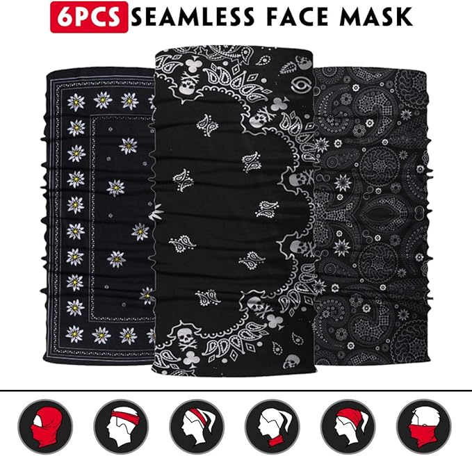 Neck Gaiter Mask, Sun Mask, Rave Bandana Face Mask, Seamless Face Scarf, Headband for Men Women (A-Black Series 2)