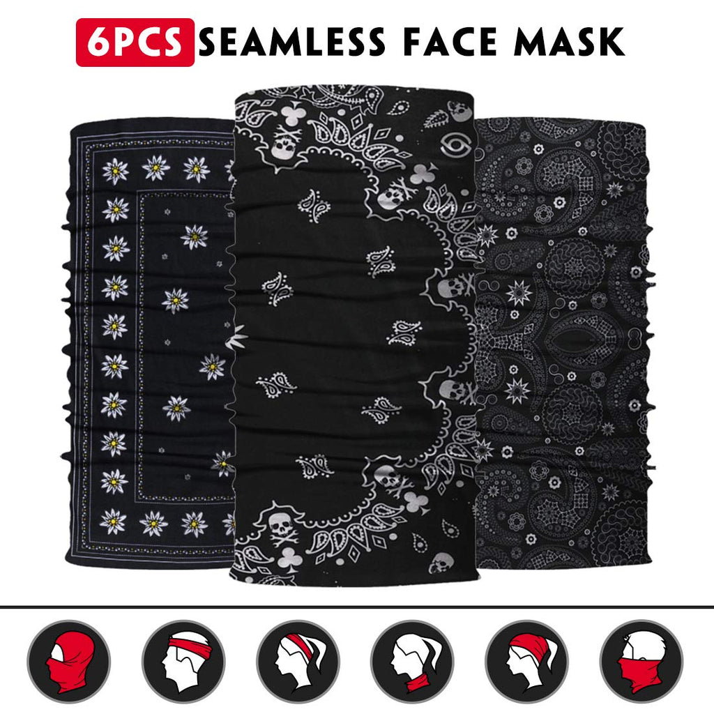 Neck Gaiter Mask, Sun Mask, Rave Bandana Face Mask, Seamless Face Scarf, Headband for Men Women (A-Black Series 2)