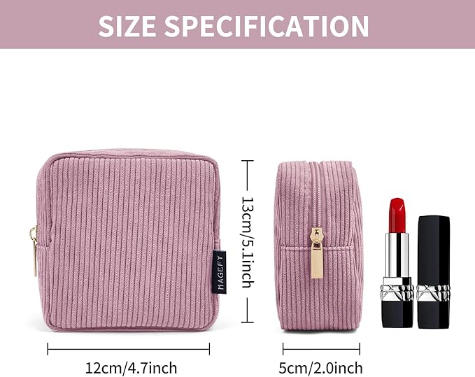 MAGEFY Small Makeup Bag for Purse Mini Cosmetics Bag Corduroy Cute Cosmetic Pouch for Women with Slip-in Pockets (Pink)