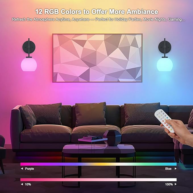 SANTOSTOCK Black Wireless Rechargeable Wall Sconces with Remote Control, Battery Operated Wall Sconce Set of 2, LED Dimmable Wall Lights with Opal White Glass Shade, 12 Colors RGB & 3 CCT Bulb
