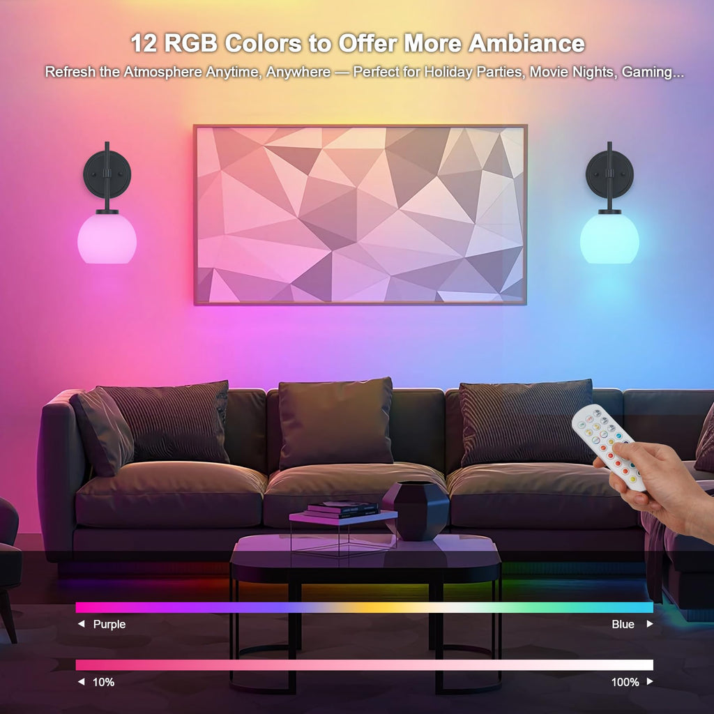 SANTOSTOCK Black Wireless Rechargeable Wall Sconces with Remote Control, Battery Operated Wall Sconce Set of 2, LED Dimmable Wall Lights with Opal White Glass Shade, 12 Colors RGB & 3 CCT Bulb