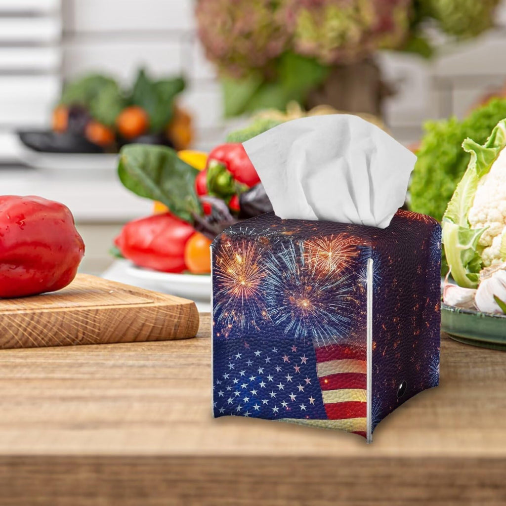 Pzuqiu Firework American Flag Tissue Box Holder Square PU Leather Tissue Organizer Case with Metal Button Waterproof Napkin Holder for Home Office Car Automotive Decor