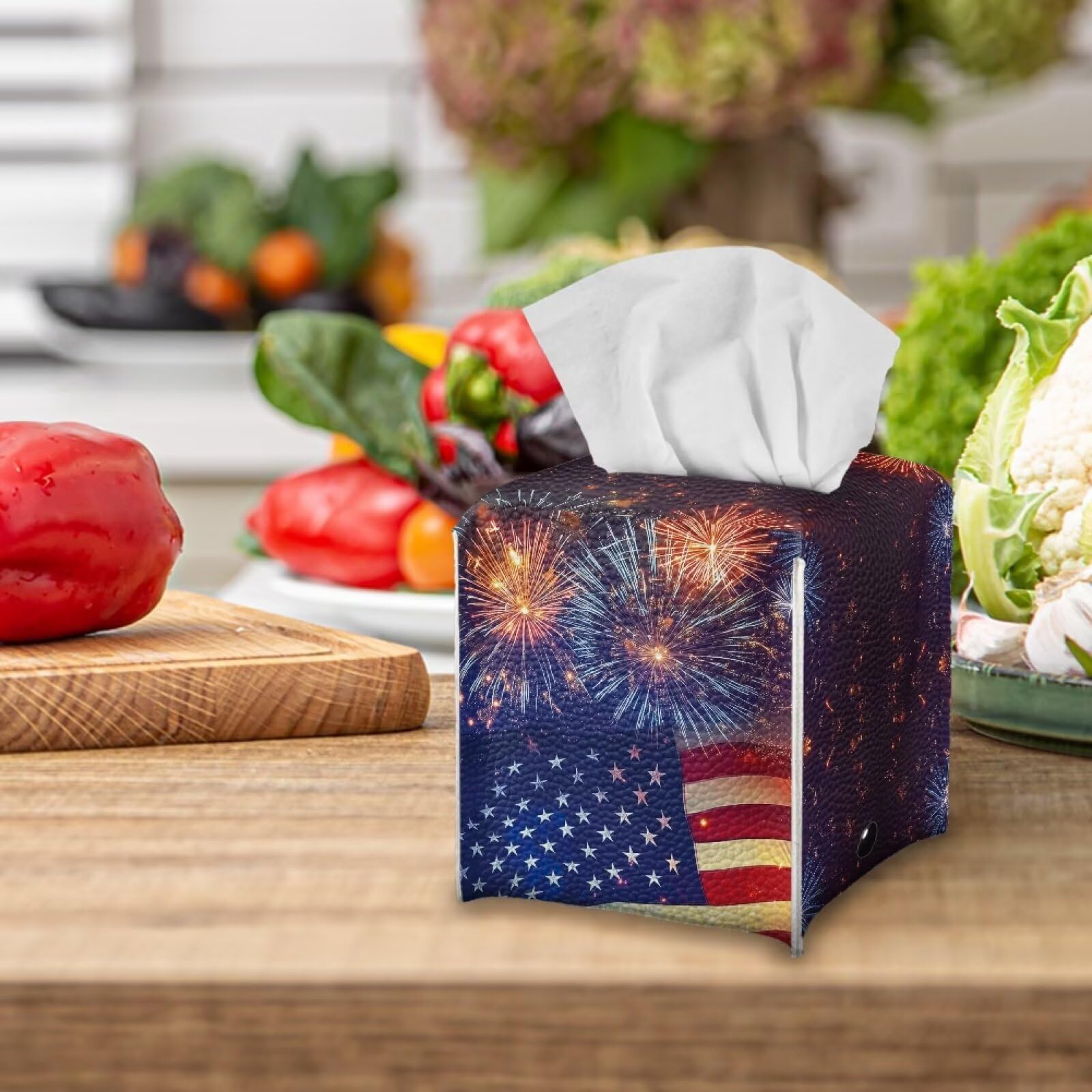 Pzuqiu Firework American Flag Tissue Box Holder Square PU Leather Tissue Organizer Case with Metal Button Waterproof Napkin Holder for Home Office Car Automotive Decor