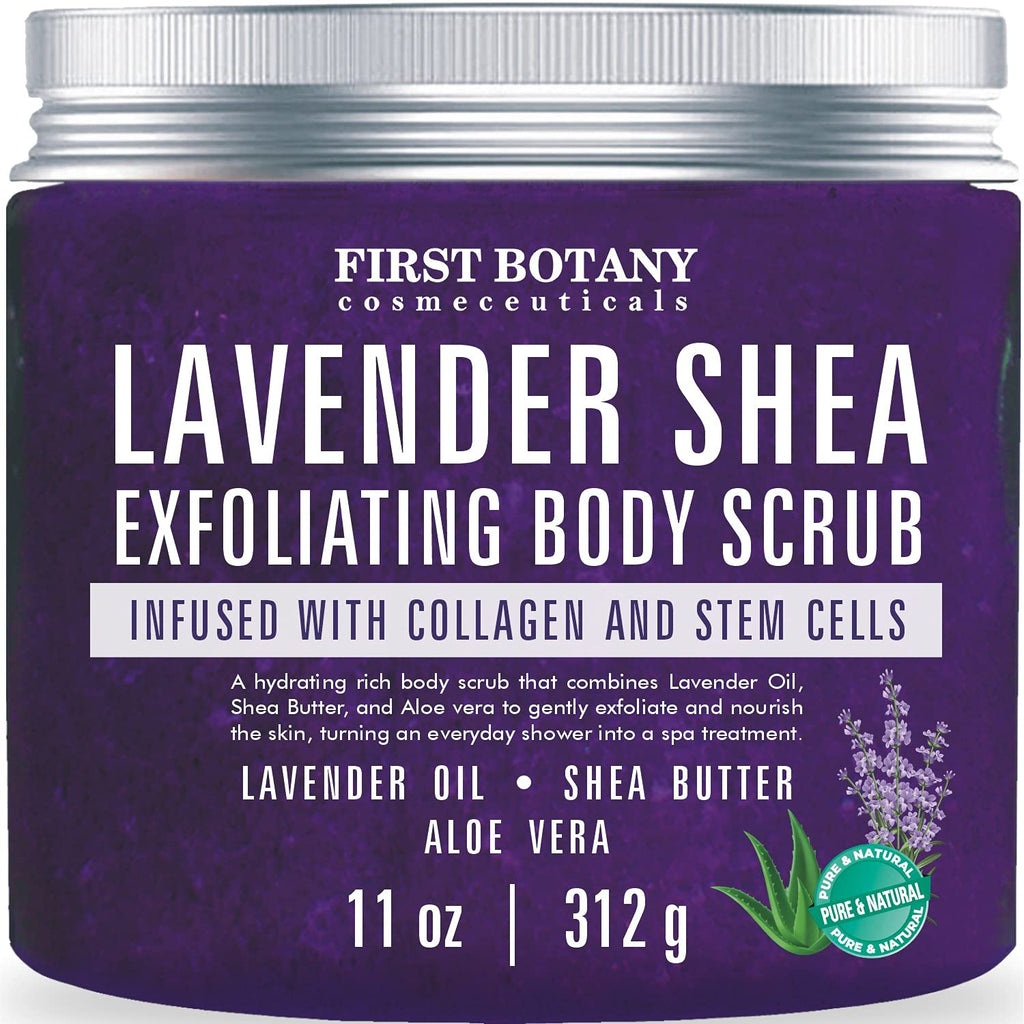 First Botany Body Scrub - Natural Exfoliating Salt Scrub & Body and Face Souffle helps with Moisturizing Skin, Acne, Cellulite, Dead Skin Scars, Wrinkles (11 oz, Lavender)