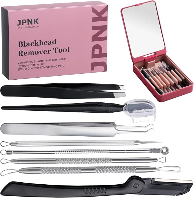 JPNK Blackhead Remover Tool Comedones Extractor Acne Removal kit & Eyebrow Trimmer Kit, 8PCS in One with 5X Magnifying Mirror (Silver)
