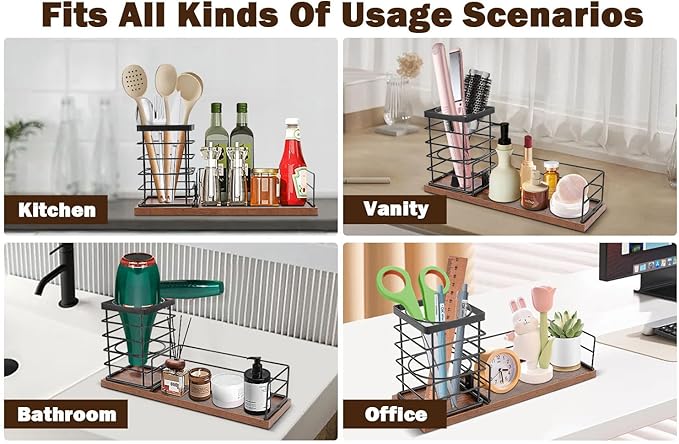 Siyzda Hair Tool Organizer, Movable Hair Dryer Holder, Hair Styling Tools Storage for Vanity, Bath Counter Organizer, Bathroom Trays for Hair Toiletry, Makeup (12" x 3.7" x 5.8", Wood-Black)