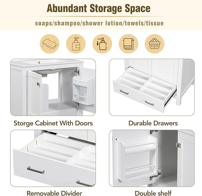 Bellemave 30" Bathroom Vanity with Sink Combo Set, Solid Wood Frame Bathroom Storage Cabinet with a Drawer, 2 Soft Closing Cabinet Doors with Organizer, White