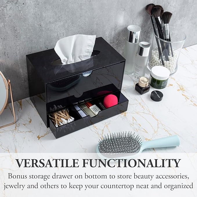 MyGift Premium Black Acrylic Cosmetic Organizer Caddy and Tissue Box Cover with Pull Out Makeup Storage Drawer - Countertop Bathroom Supplies Holder